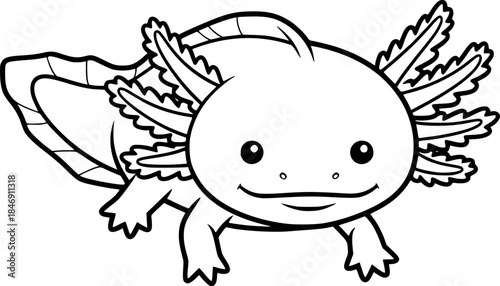 Cute Axolotl Vector Illustration Black and White Outline Aquatic Animal for Children Coloring Book
