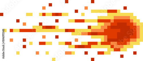 Pixel art fireball flying across white background