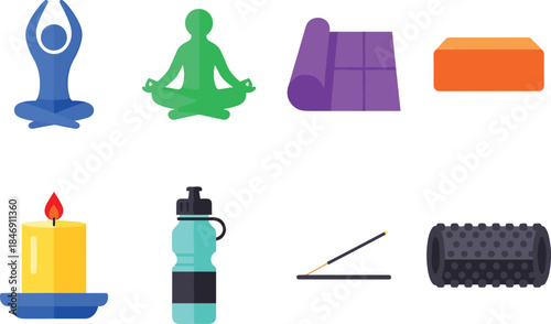 Collection of yoga and meditation icons including poses, mat, block, candle, water bottle, incense and foam roller for wellness design projects