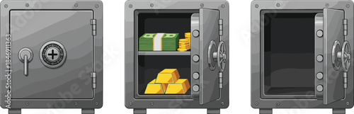 Closed, open, and empty security safes showing cash and gold storage states, financial protection and wealth management concept flat vector illustration