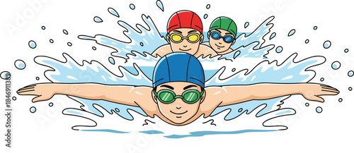 Colorful illustration of competitive swimmers performing butterfly stroke in splashing water, showcasing athletic movement, teamwork, sports energy, and dynamic action