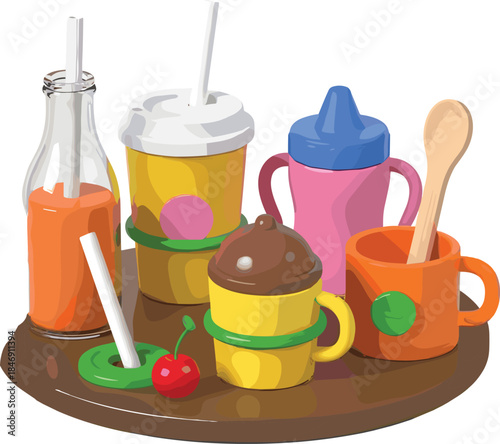 Collection of colorful baby cups bottles spoons and drink containers on tray illustrated in playful flat style for kids feeding and childcare product design