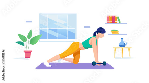 A motivated person doing home workout exercises with dumbbells and yoga mat, bright natural light, modern healthy lifestyle environment