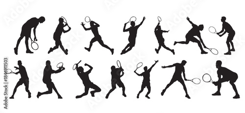 Collection of tennis player silhouettes in various action poses isolated on white background,vector illustration tennis player in different action