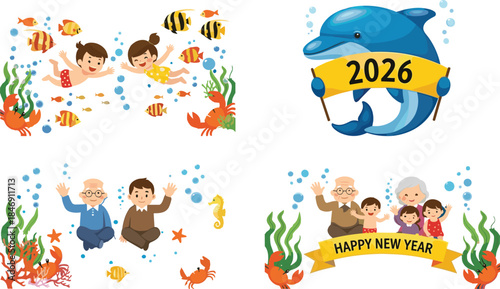 Cute underwater New Year illustration set featuring children, grandparents, sea animals, and dolphin holding 2026 banner in festive ocean scenes
