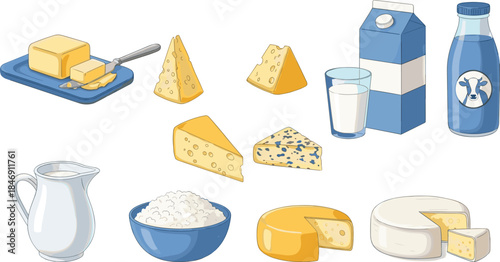 Dairy products collection with milk butter cheese slices cottage cheese and cream illustrated in clean flat vector style for grocery food branding design