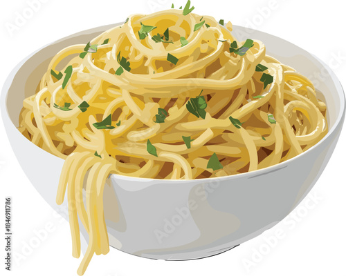 Delicious bowl of spaghetti pasta with herbs garnish isolated on white background illustrated in realistic flat style for Italian food menu and restaurant design