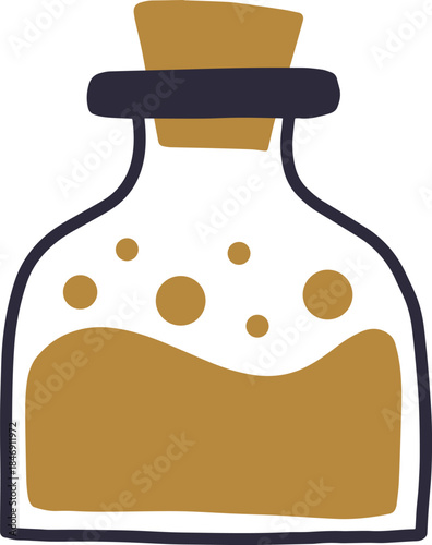 Glass bottle holding golden liquid with cork stopper