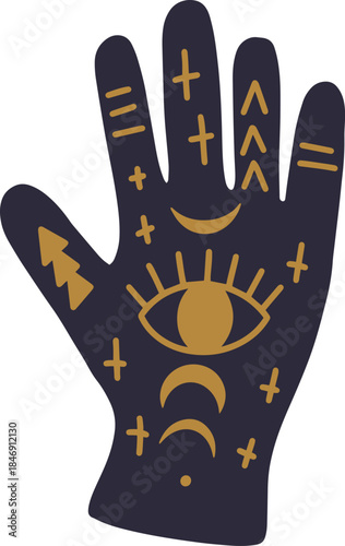 Occult hand drawing featuring esoteric spiritual symbols