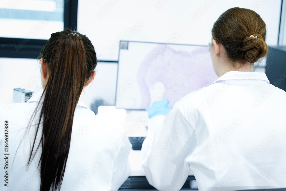 Obraz premium Team of female scientists analyzing digital pathology slides on computer. Caucasian and Asian researchers reviewing histology data for medical diagnosis in modern lab.