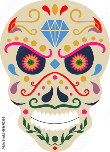 Dia de Muertos sugar skull illustration with diamonds
