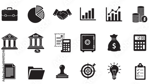 Black Financial Icons Set on White Background