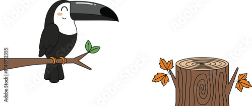 Cute Cartoon Toucan Bird on a Branch Vector and Tree Stump with Autumn Leaves; Tropical Wildlife and Forest Nature Elements Set