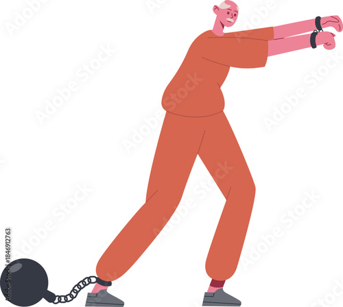 Prisoner walking with shackles, ball and chain