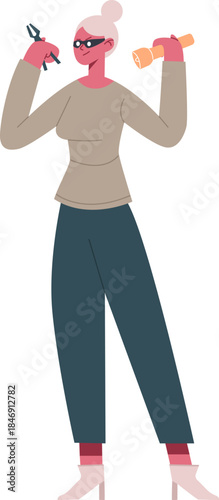 Female burglar planning crime holding tools