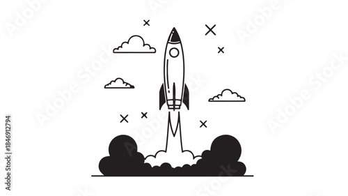 Rocket Ship Launching into Sky with Clouds and Stars