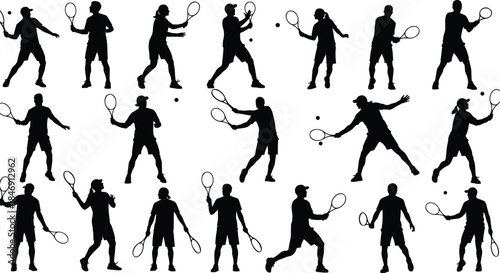 Big set of dynamic black tennis player silhouettes vector illustration featuring men and women hitting ball with racket isolated on white background