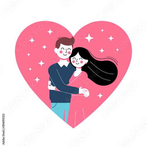 Cute animated couple embracing inside a large pink heart with sparkles illustrating love and