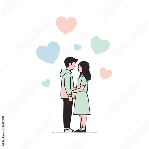romantic illustration of a couple embracing surrounded by colorful hearts symbolizing love and