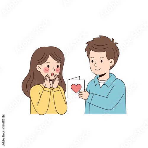Cute cartoon couple exchanging a love letter with a heart symbol on white background