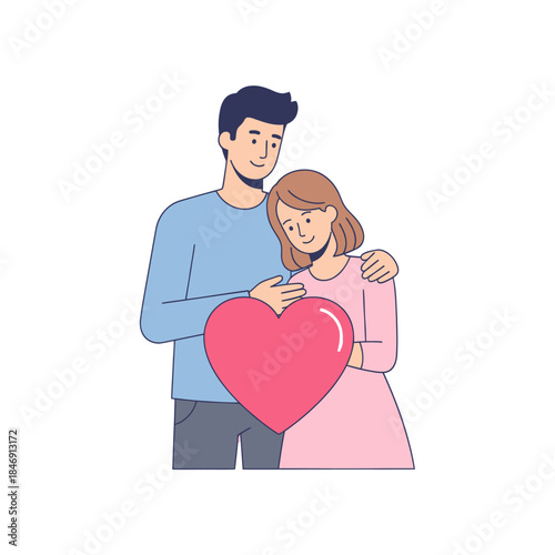 Heartfelt moment of a couple sharing love and affection with a large pink heart symbol