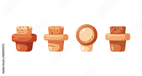Set of four cartoon corks for bottles, isolated on white background