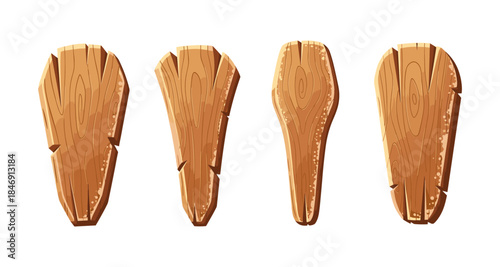 Set of four cartoon wooden planks with different shapes and textures
