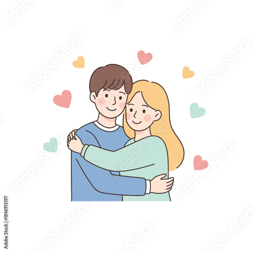 heartwarming cartoon illustration of a couple embracing amidst colorful floating hearts expressing