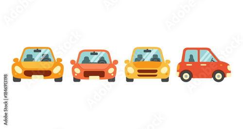 Collection of four colorful cartoon cars in a row, front view