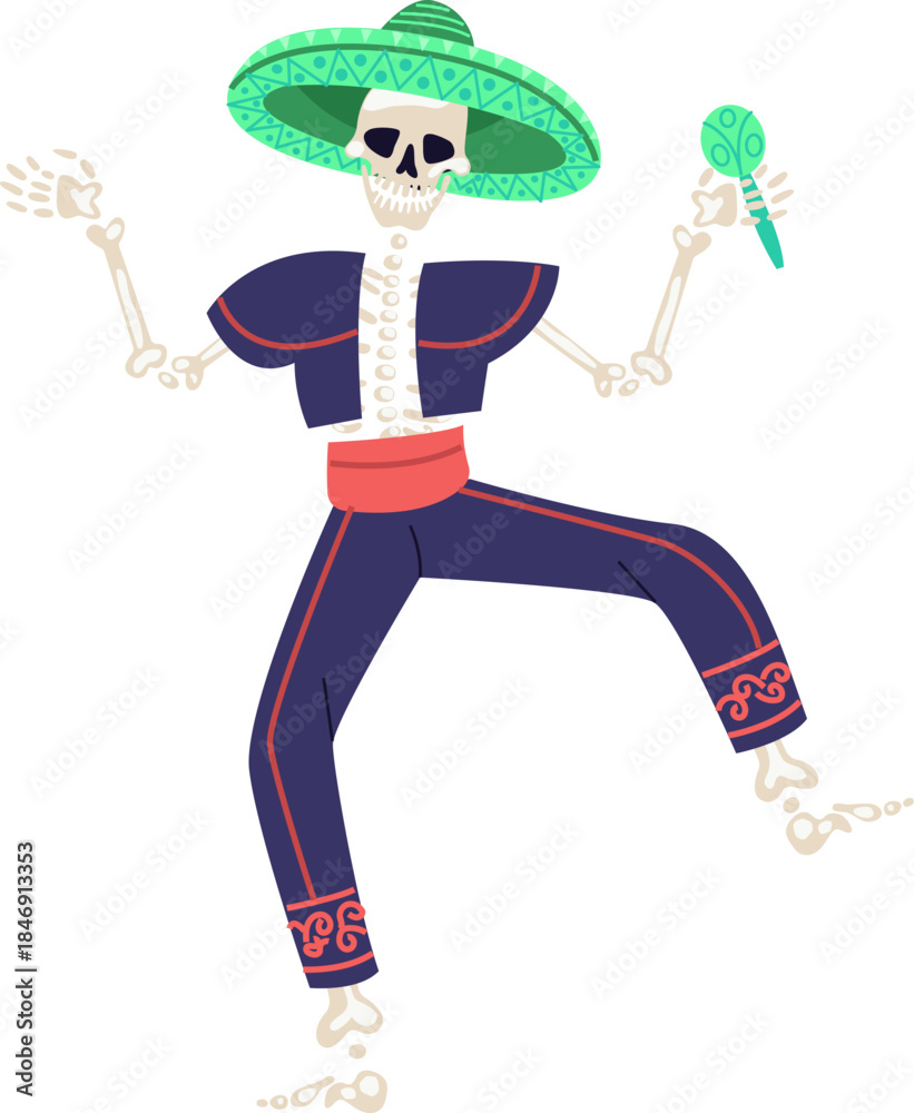 Fototapeta premium Skeleton dancing with sombrero and maraca celebrating Day of the Dead