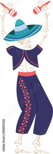 Skeleton mariachi dancing with maracas celebrating Mexican fiesta