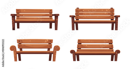 Collection of four different wooden park benches with a rustic design