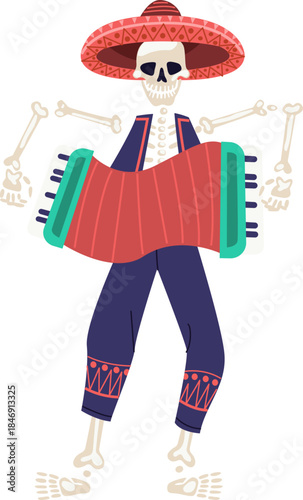 Mexican skeleton playing accordion celebrating Day of the Dead
