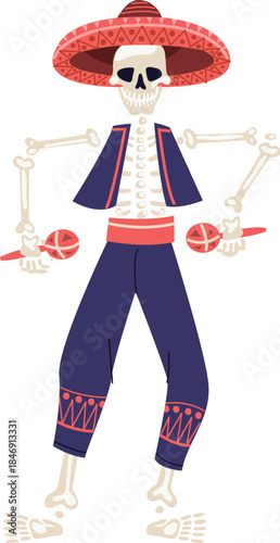 Skeleton mariachi playing maracas for Dia de Muertos