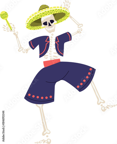 Dancing skeleton calavera holding maraca for Day of the Dead