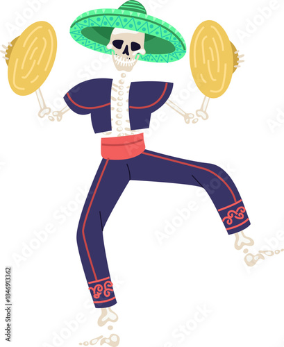 Skeleton mariachi character celebrating Dia de los Muertos dancing