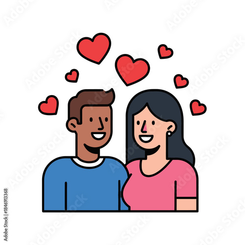 Adorable cartoon couple expressing love and happiness with hearts above their heads