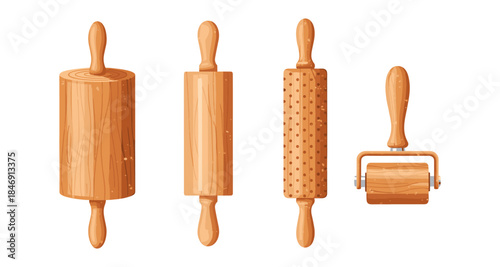 Collection of four wooden rolling pins and dough rollers on a white background