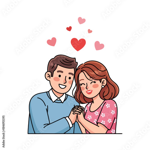 Cute cartoon couple holding hands with floating hearts symbolizing love and affection