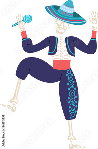 Skeleton mariachi dancer celebrating Day of the Dead