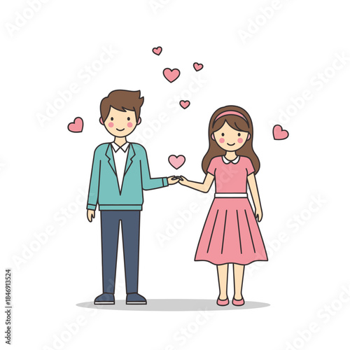Cute cartoon couple holding hands with hearts floating around them symbolizing love and affection