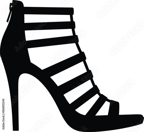 Black silhouette of fashionable high heel gladiator sandals, trendy strappy summer footwear icon, elegant stiletto shoes vector illustration, isolated on white background