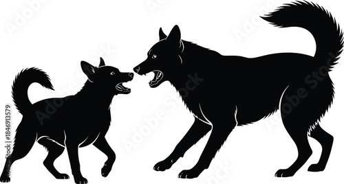 Black silhouette of two aggressive dogs fighting and barking at each other with open mouths, vector illustration isolated on a white background.