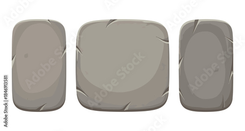 Three rounded stone buttons with cracks and texture, isolated on white background