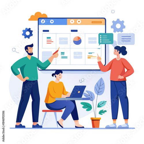 Team collaboration on project management dashboard and data analysis