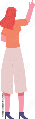 Woman with red hair pointing finger up