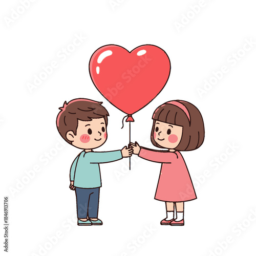Cute cartoon children exchanging a heart-shaped balloon symbolizing love friendship and affection