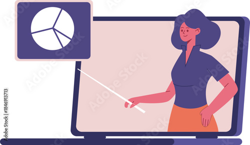 Woman teaching online presentation with data analysis chart