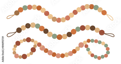 Boho wooden bead garlands in earthy tones with loops for hanging