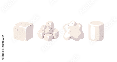 Collection of different sugar forms: cube, pile, lump, and cylinder